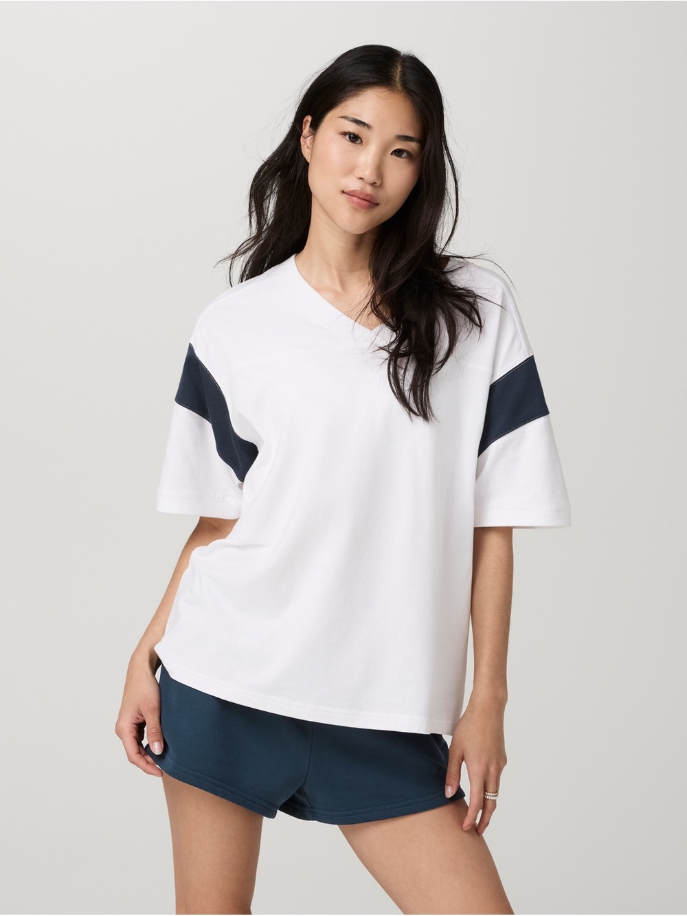 Relaxed V-Neck White Top with Navy Sleeve Stripe cotton small